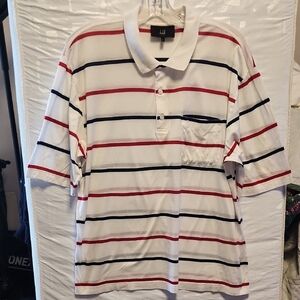 Dunhill London Navy and Red Cotton Striped Polo Shirt Sz L